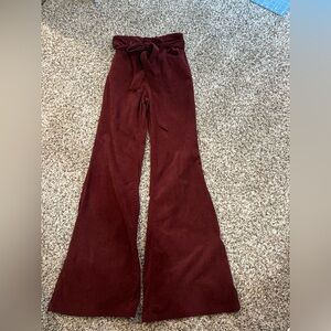 bohme Burgundy Corduroy High-Waist Flare Pants with Tie Belt